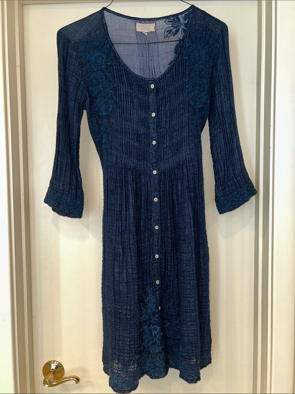 Johnny Was Deep Navy Embroidered Button-Front Midi Dress